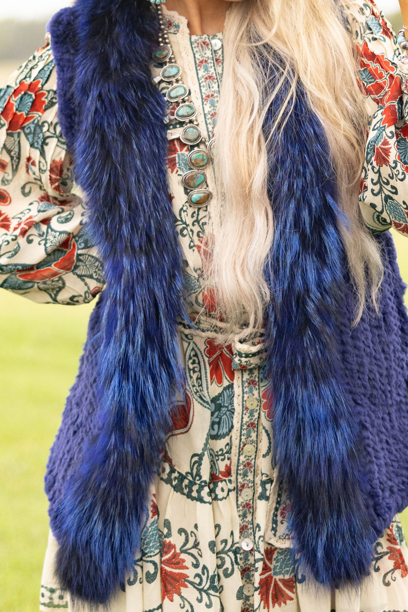 Diana Rosh Knitted Long Rabbit Vest- Blue