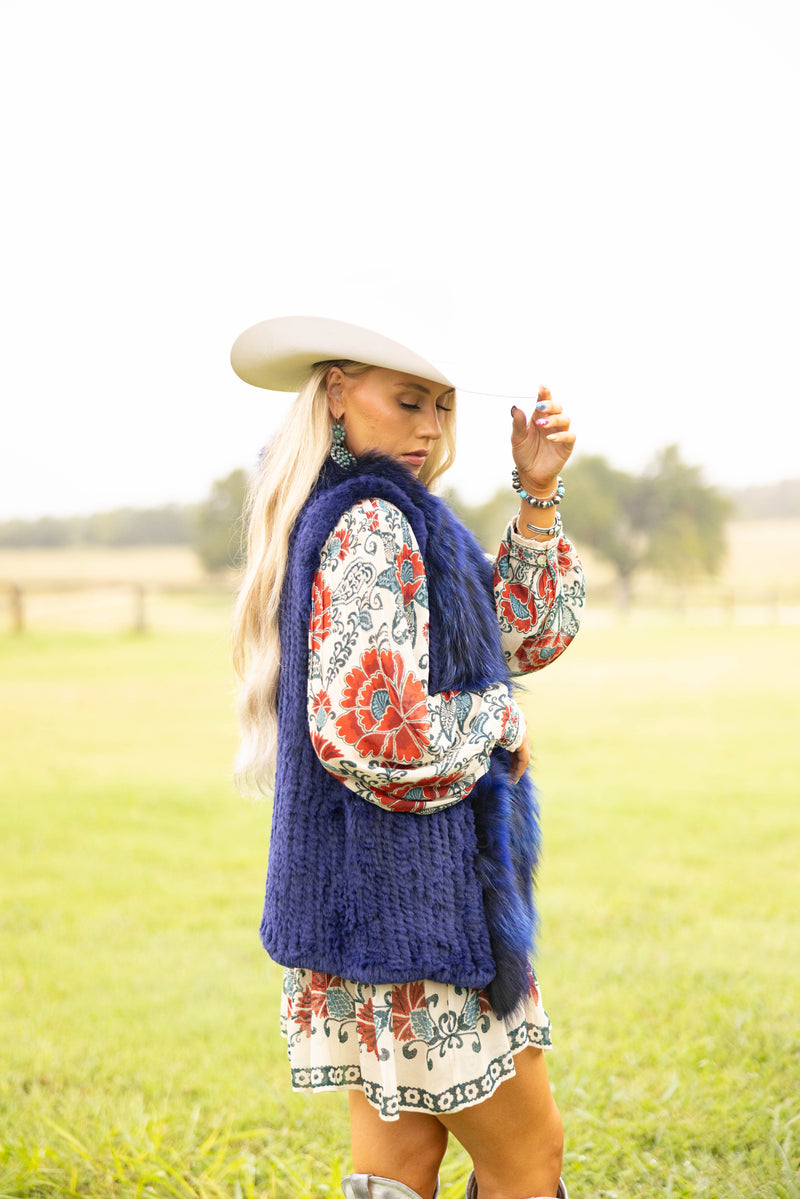 Diana Rosh Knitted Long Rabbit Vest- Blue