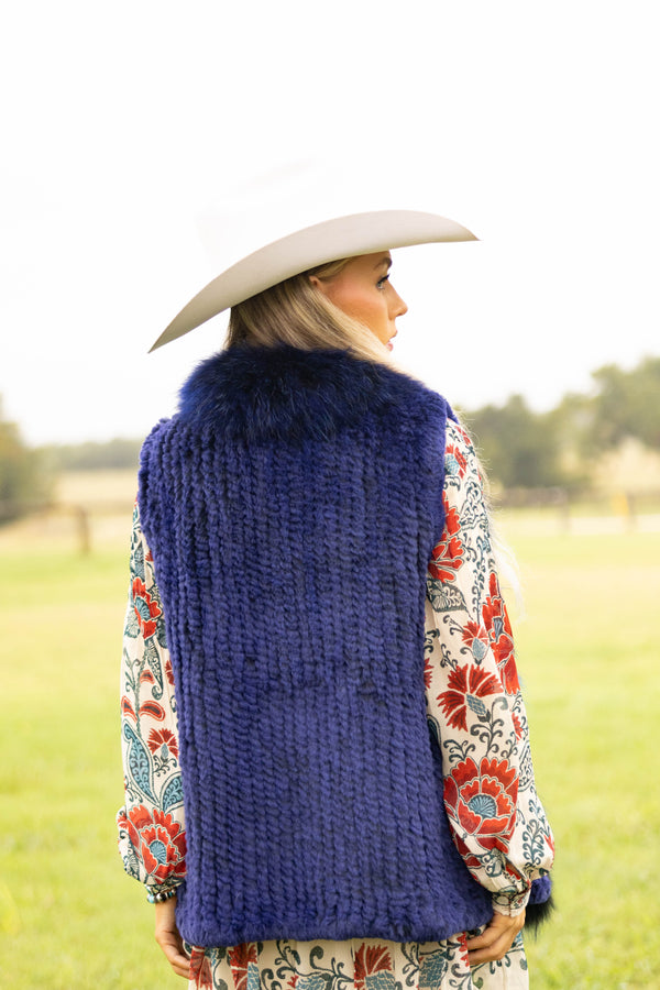 Diana Rosh Knitted Long Rabbit Vest- Blue