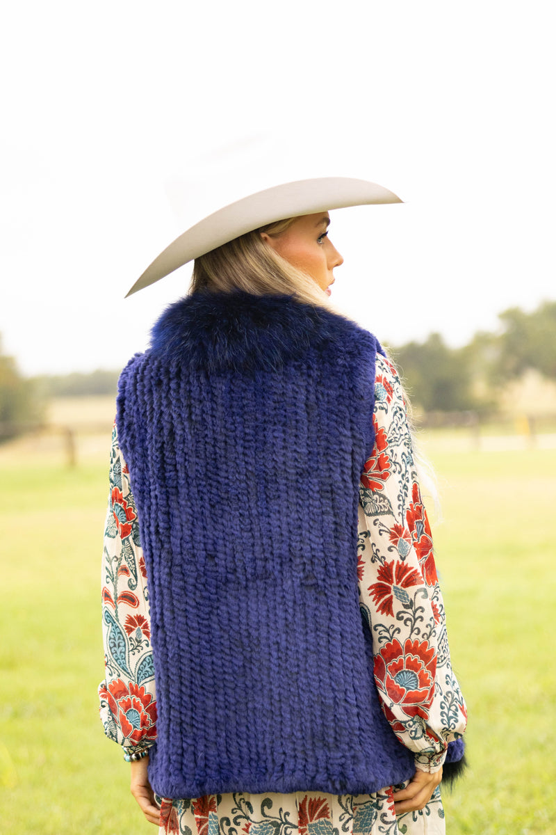 Diana Rosh Knitted Long Rabbit Vest- Blue