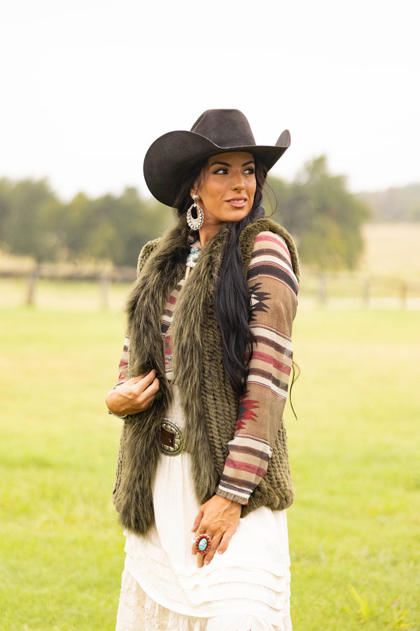  Diana Rosh Knitted Long Rabbit Vest- Olive 