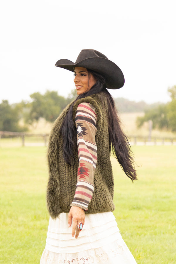  Diana Rosh Knitted Long Rabbit Vest- Olive 