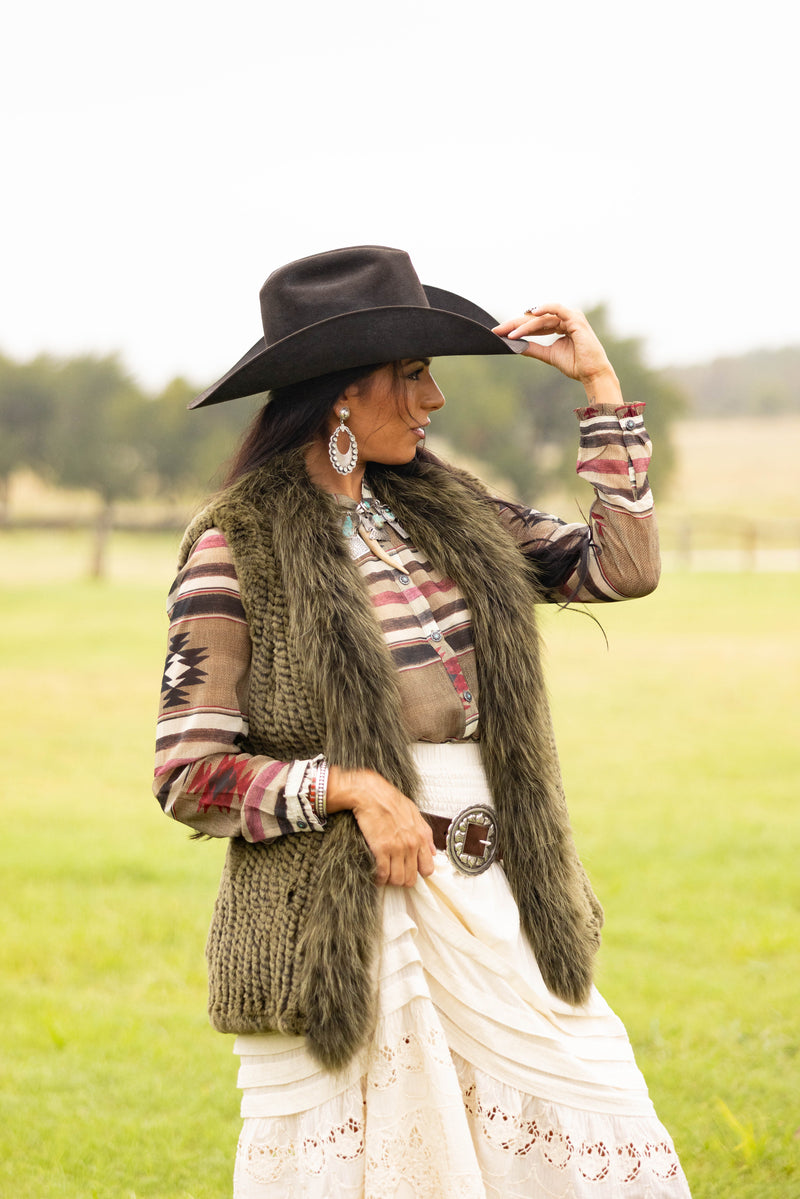 Diana Rosh Knitted Long Rabbit Vest- Olive 