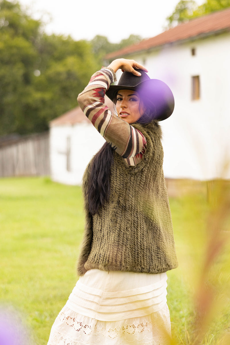  Diana Rosh Knitted Long Rabbit Vest- Olive 