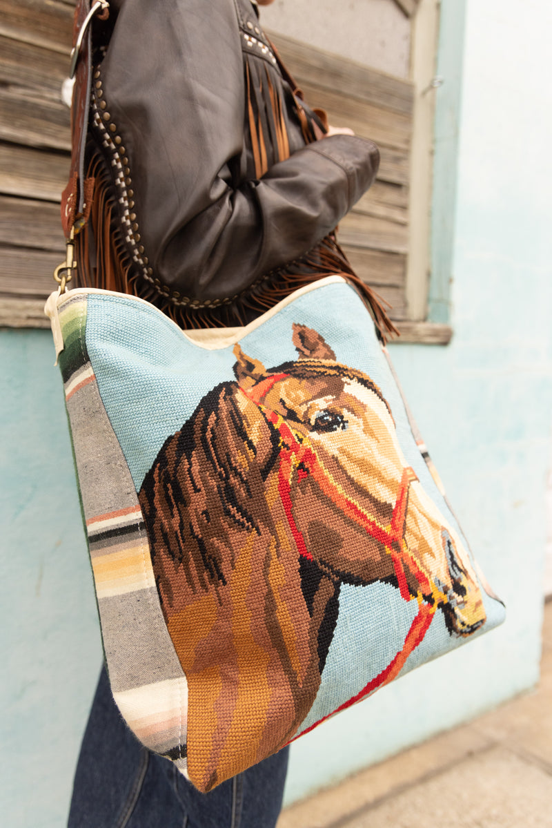 Totem Needlepoint Horse Serape Trim Tote