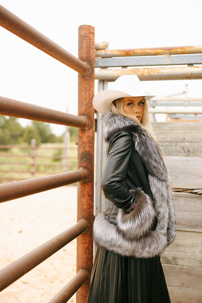 Chaarm Leather Fox Trim Jacket 