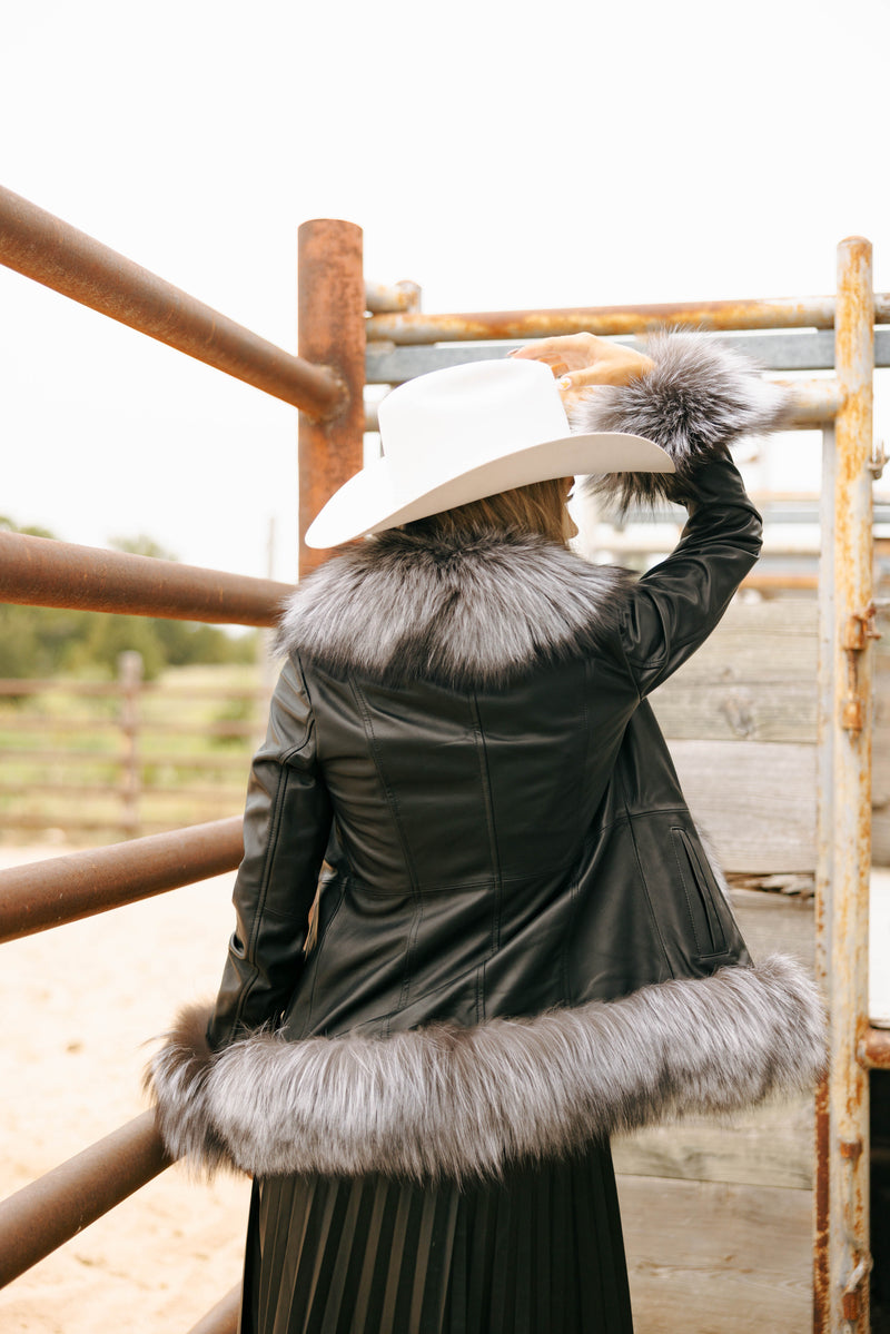 Chaarm Leather Fox Trim Jacket 