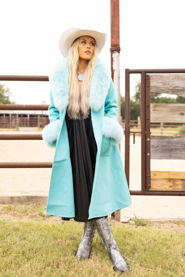 DIANA ROSH TIFFANY BLUE LONG WOOL FUR COLLAR AND CUFF COAT