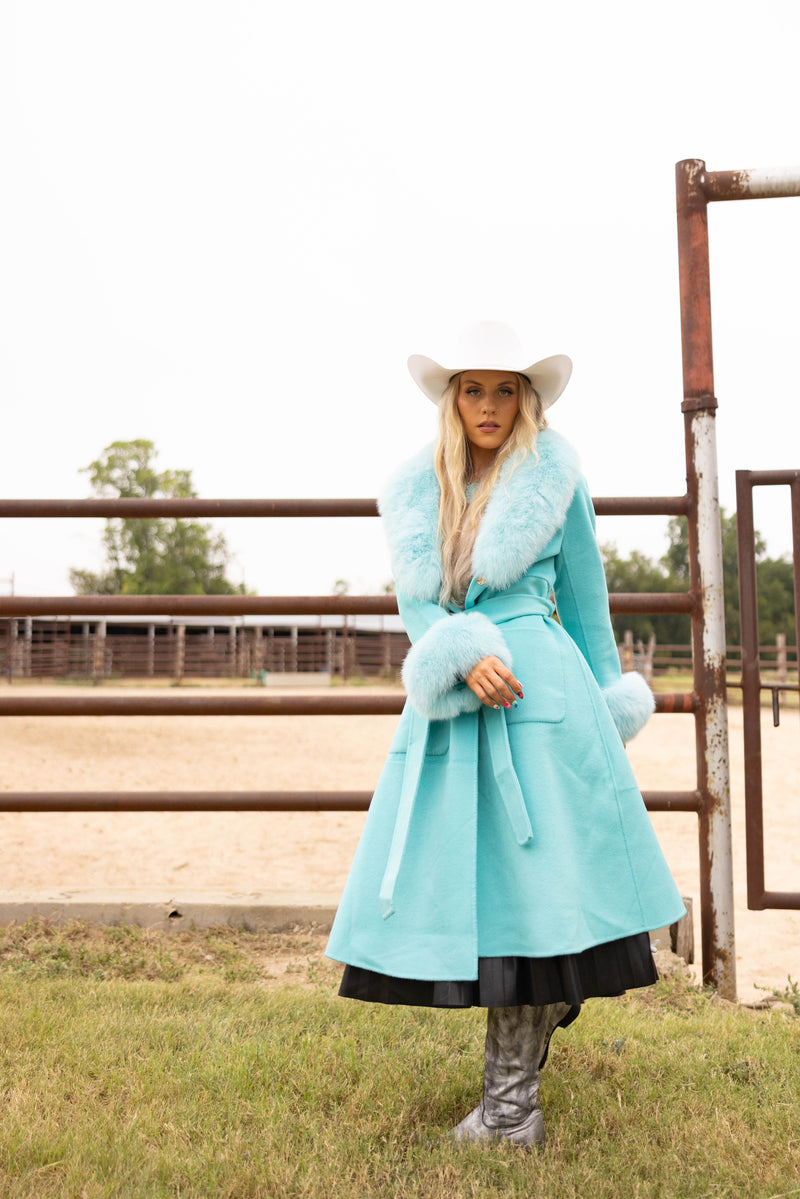 DIANA ROSH TIFFANY BLUE LONG WOOL FUR COLLAR AND CUFF COAT