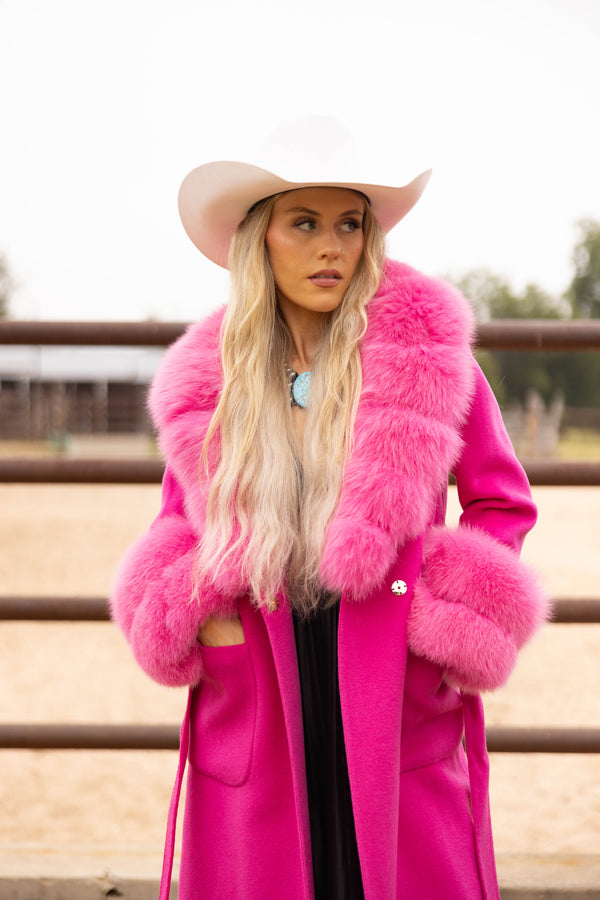 HOT PINK LONG WOOL FUR COLLAR AND CUFF COAT