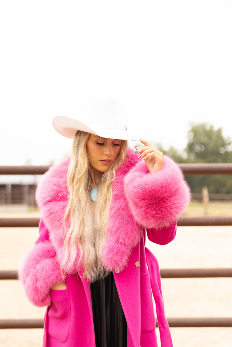 HOT PINK LONG WOOL FUR COLLAR AND CUFF COAT