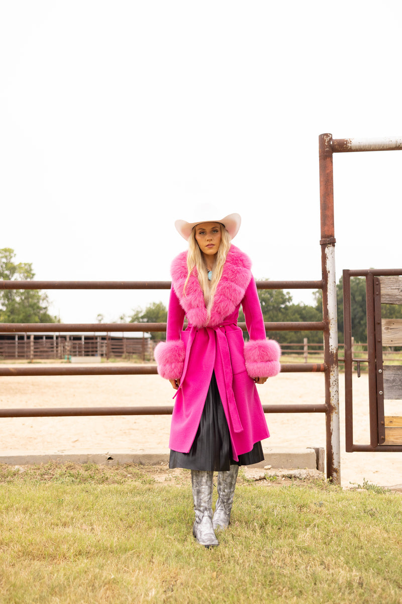 HOT PINK LONG WOOL FUR COLLAR AND CUFF COAT