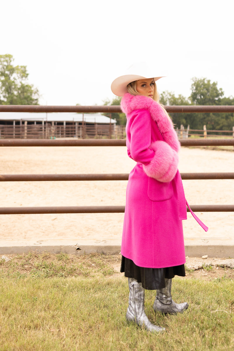 HOT PINK LONG WOOL FUR COLLAR AND CUFF COAT