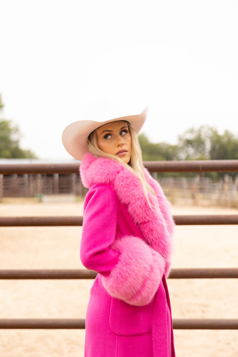 HOT PINK LONG WOOL FUR COLLAR AND CUFF COAT