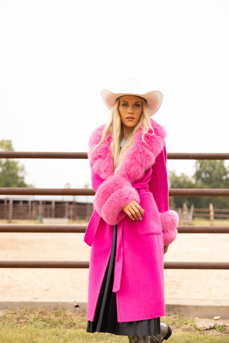 HOT PINK LONG WOOL FUR COLLAR AND CUFF COAT
