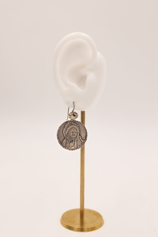 Sterling silver Native American chief on the face of earring with sterling silver bead above it