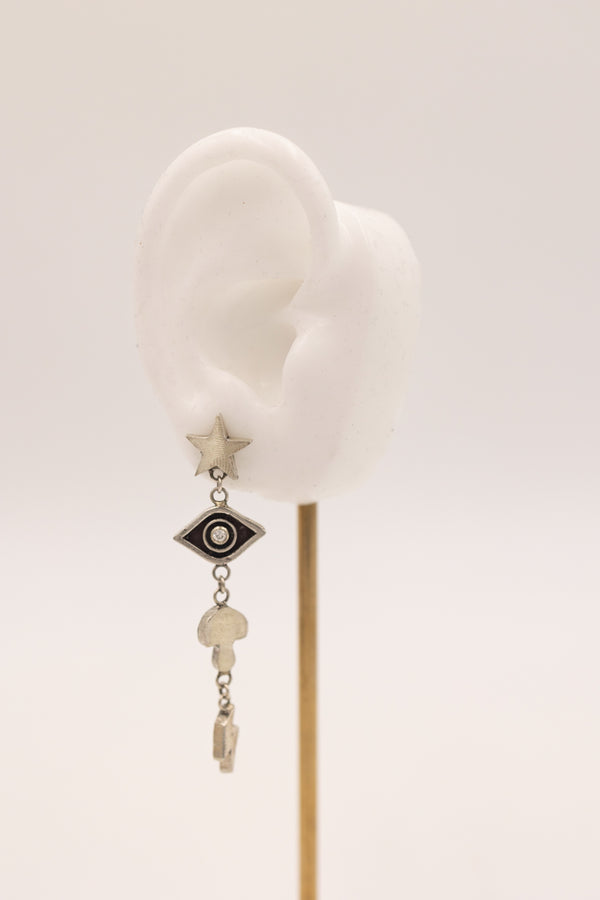 Sterling silver earrings with star, eye, mushroom and lightning symbol. The eye symbol has a cubic zirconia in the center