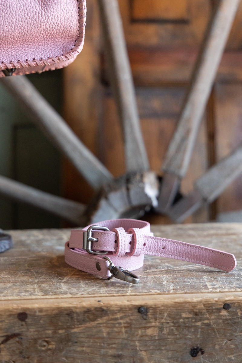 Pink dog collar on a wooden surface with a blurred background