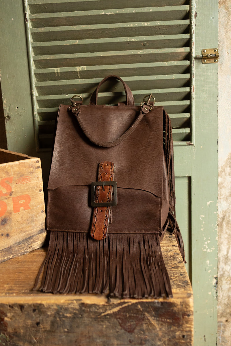 Brown fringe leather backpack