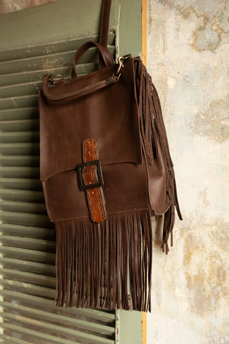 Brown fringe leather backpack