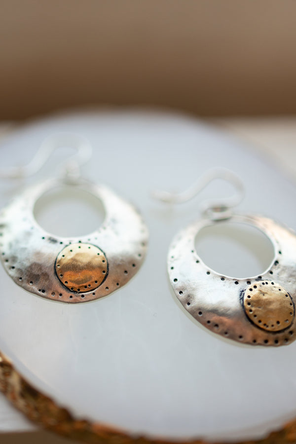 Sterling Silver hoop earrings with 14K Gold circle on bottom