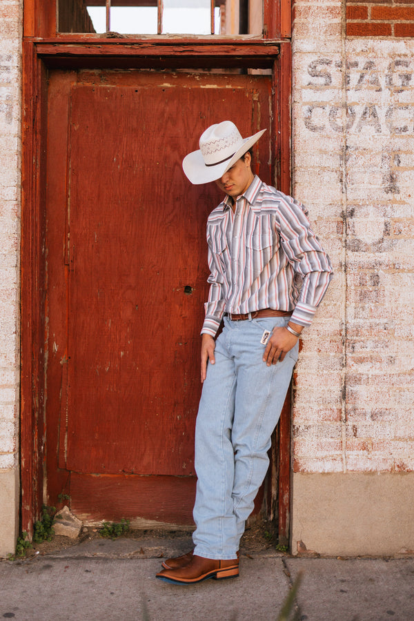 Roper Gray Ombre Striped Navy / Red / White Long Sleeve Pearl Snap Shirt