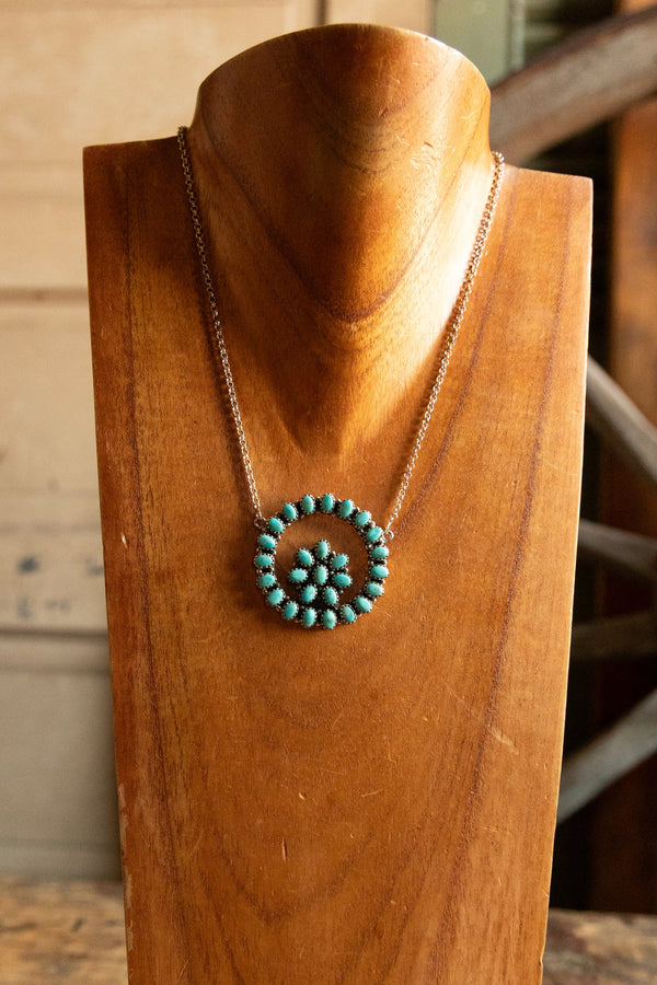 Small Turquoise Circle With Flowers Necklace