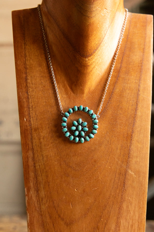 Small Turquoise Circle With Flowers Necklace