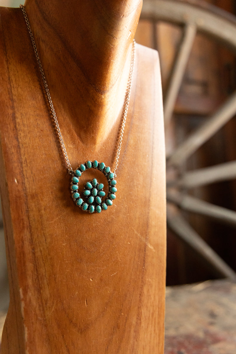 Small Turquoise Circle With Flowers Necklace