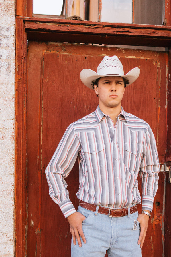 Roper Gray Ombre Striped Navy / Red / White Long Sleeve Pearl Snap Shirt