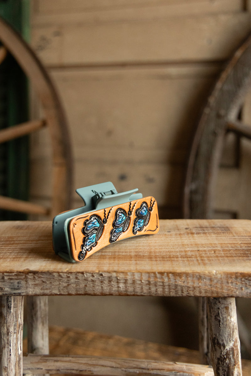 JRW Leather 3 Blue and Black Butterflies Claw Clip 