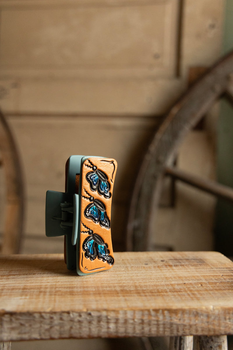JRW Leather 3 Blue and Black Butterflies Claw Clip 