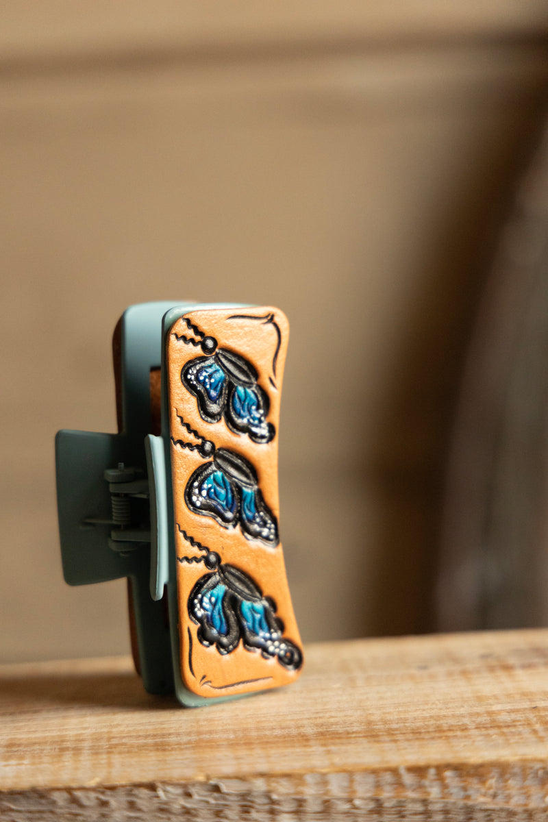 JRW Leather 3 Blue and Black Butterflies Claw Clip 