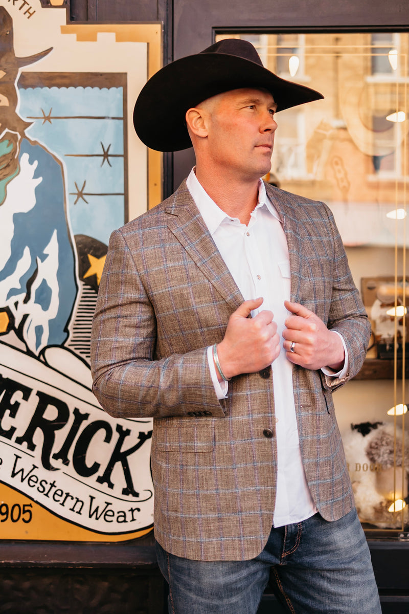 Byron Windowpane Taupe and Blue Sport Coat