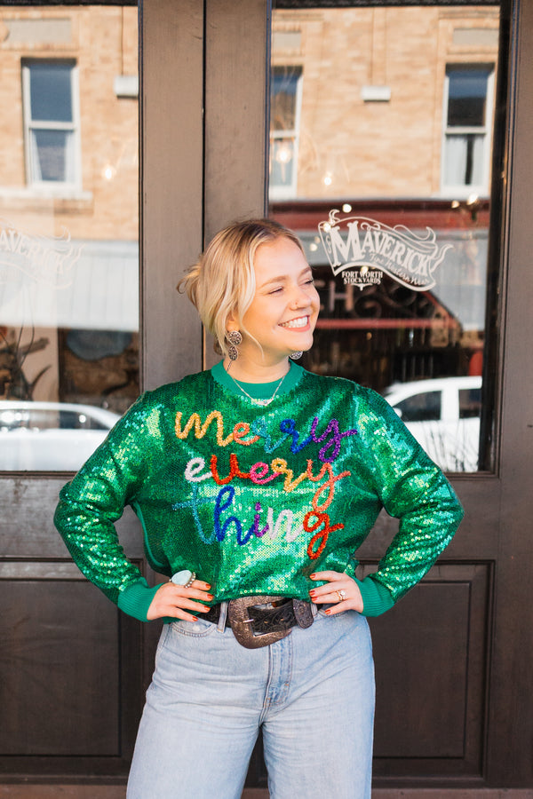 QUEEN OF SPARKLES MERRY EVERYTHING SEQUN SWEATER