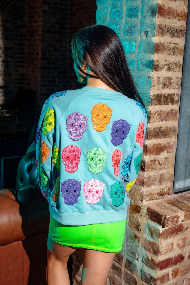 Queen of Sparkles Light Blue Multi Color Sugar Skull Sweatshirt