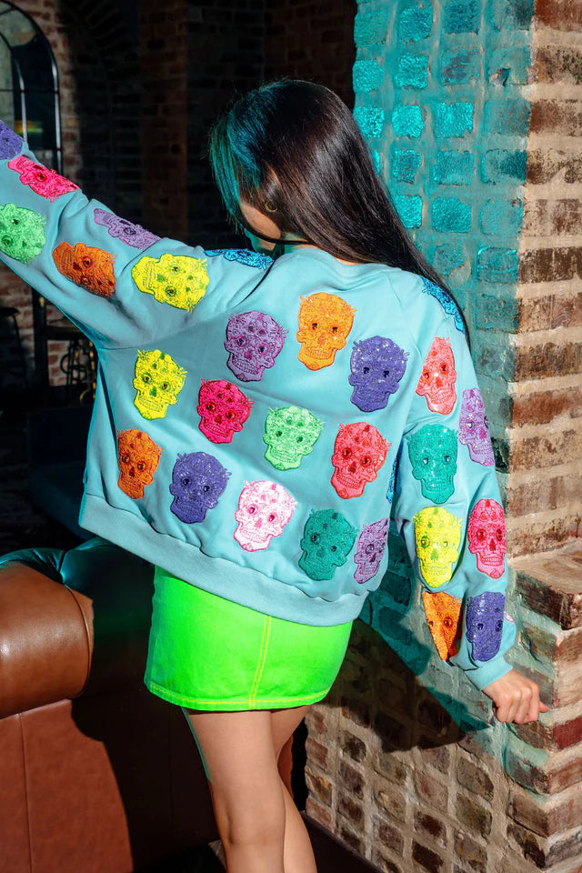 Queen of Sparkles Light Blue Multi Color Sugar Skull Sweatshirt