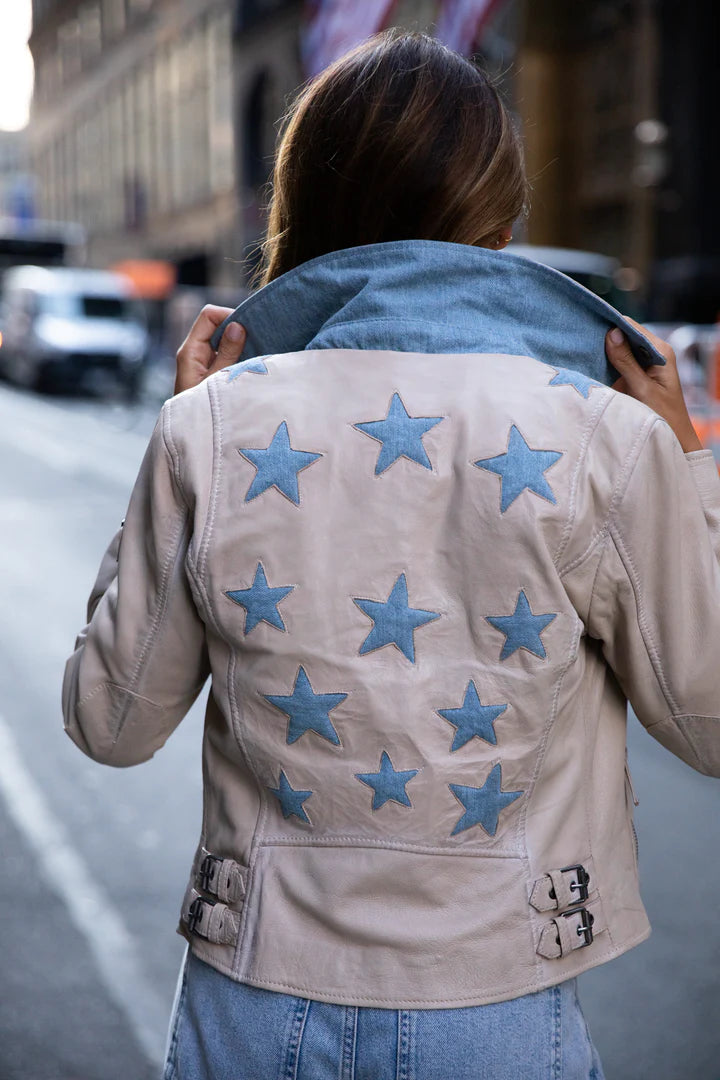 MAURITIUS WOMEN'S VINTAGE DENIM STAR WITH BUCKLES LEATHER JACKET