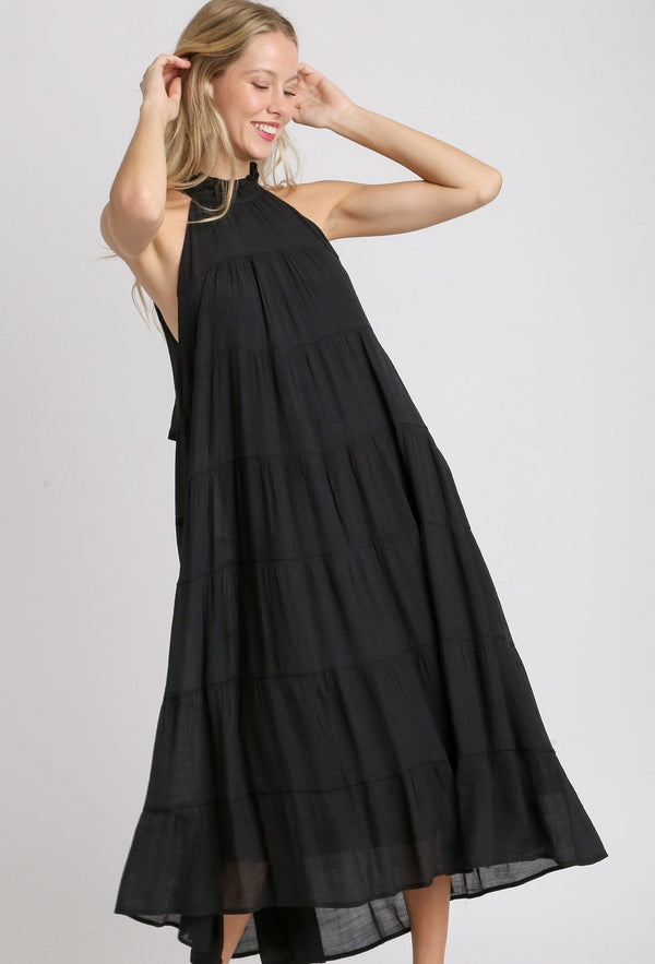 Halter Neck Tiered Maxi Dress with Double Layer Ruffle Trim Neckline, Back Keyhole, Tie Detail at Back with Wooden Button