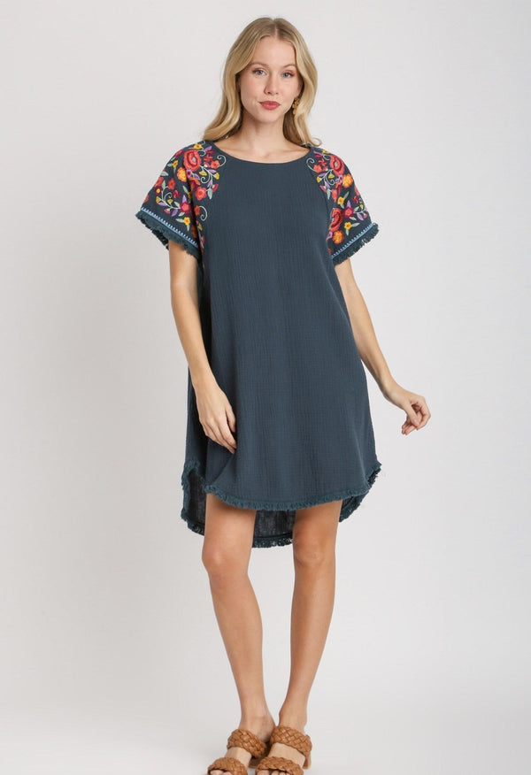 Cotton Gauze High Low Frayed Hem Round Neck Dress with Embroidery Sleeves