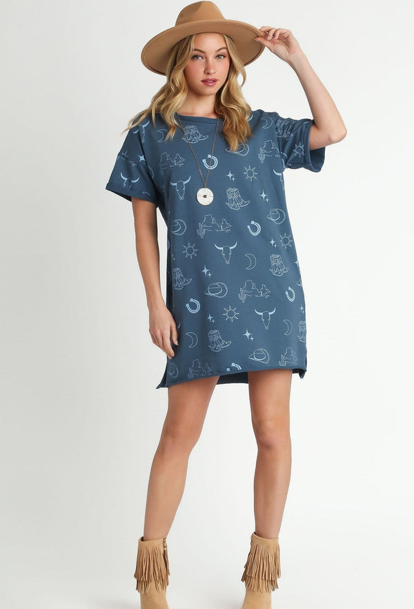 French Terry Round Neck Dress with Graphics &amp; Distressed Hem