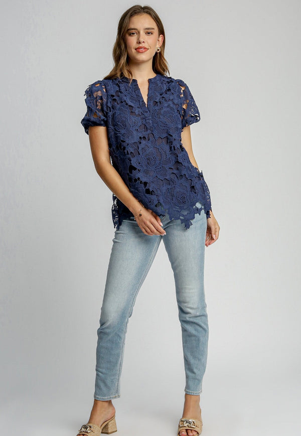 Umgee Floral Lace Split Neck Top