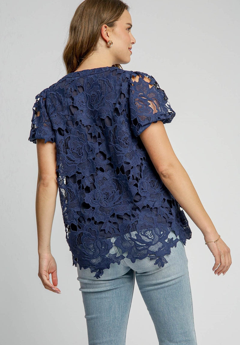 Umgee Floral Lace Split Neck Top