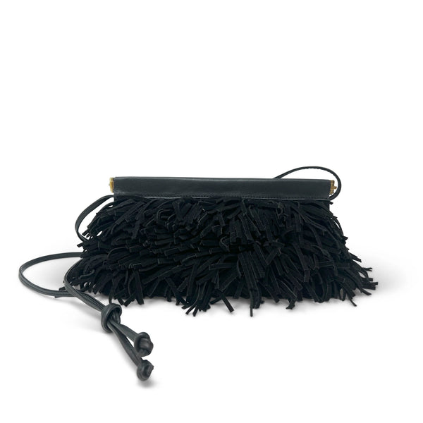 
Kempton & Co. Cheltenham Snap Crossbody Clutch - Black Suede Fringe
