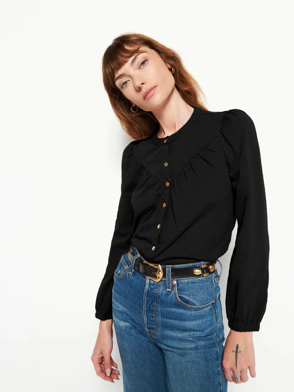 Black long sleeve button down long sleeve shirt with no collar