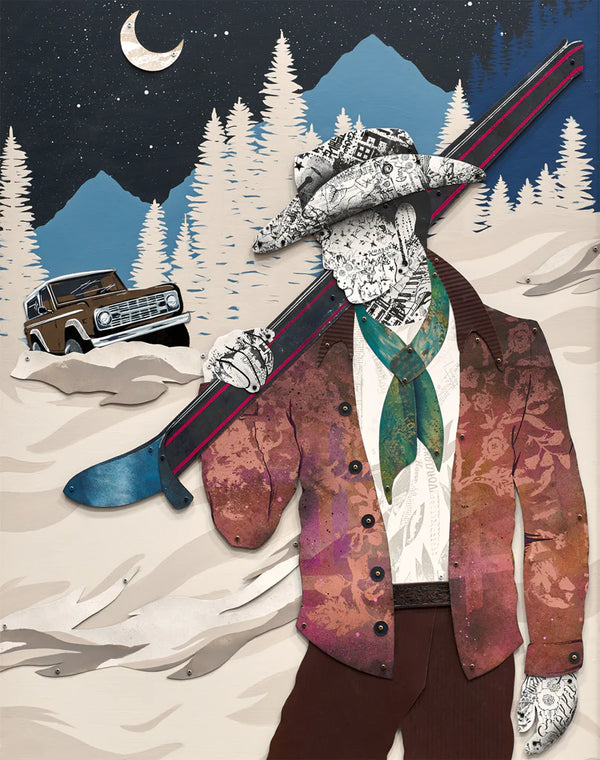 Abstract art print on man holding a ski over his shoulder in a winter wonderland at night with an old car in the distance