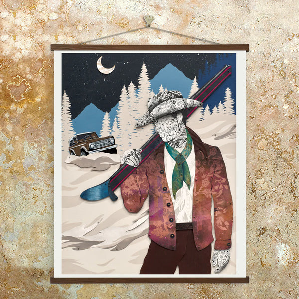 Abstract art print on man holding a ski over his shoulder in a winter wonderland at night with an old car in the distance