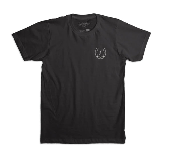 BLACK T-SHIRT WITH HORSE SHOE AND LIGHTNING BOLT ICON ON THE FRONT
