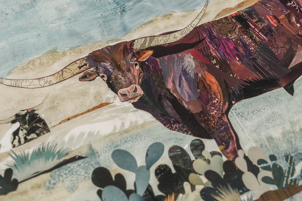 Archival reproduction of original collage-painting featuring longhorn cattle, cacti, and oil pump jacks.
