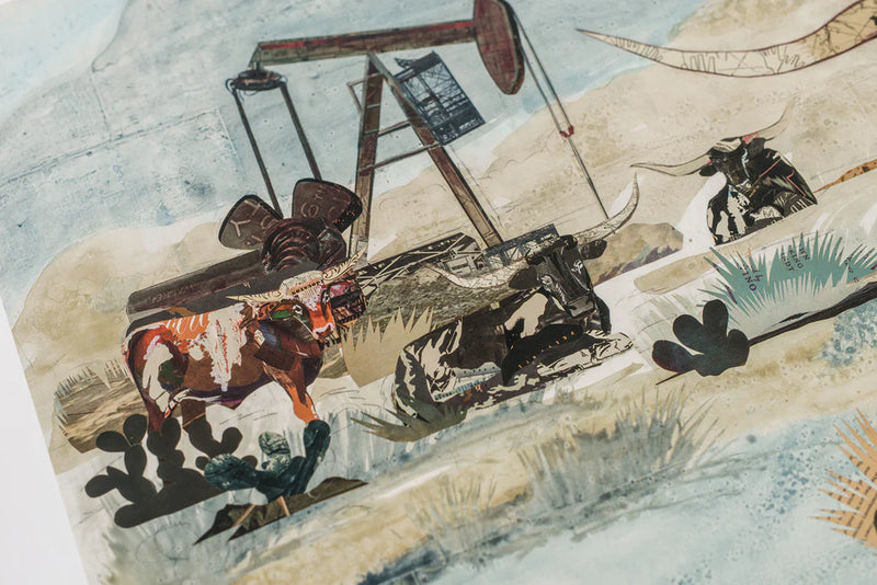 Archival reproduction of original collage-painting featuring longhorn cattle, cacti, and oil pump jacks